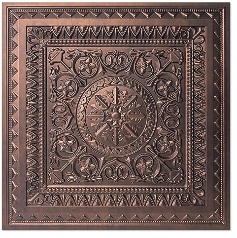 Art3d 12-Pack Drop Ceiling Tiles Glue up Plastic Acoustic Antique Copper Ceiling Panels 605mm x 605mm - Fit in 600mm x 600mm Cover 48 Sq.ft