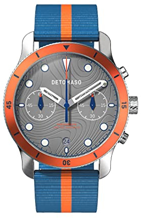DeTomaso Venture Chronograph TOPO Gray Grau Herren-Armbanduhr Analog Quarz Nylon Armband Blau Orange