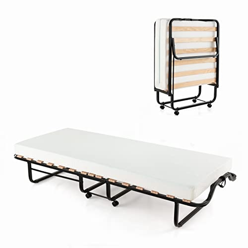 LIFEZEAL Klappbett, Klappbares Gästebett im Metallrahmen, Faltbares Einzelbett mit Matratze aus Memory Foam, Erwachsene Metallbett auf 4 Rädern (Weiß, 200 x 80 x 41 cm)