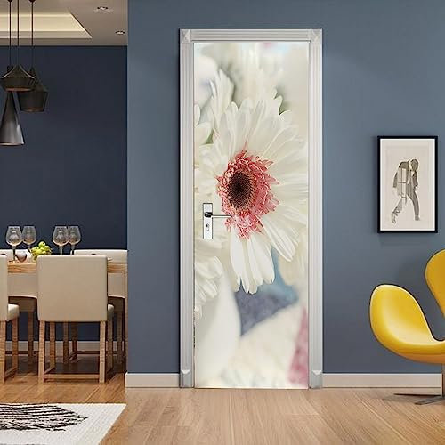 A.Monamour Türtapete Selbstklebend Türfolie Türposter 3D Weiße Gerbera Gänseblümchenblume Mit Rosa Mitte Vinyl Folie Türdeko Tapete Wandbild Türaufkleber Türtattoo 77x200cm