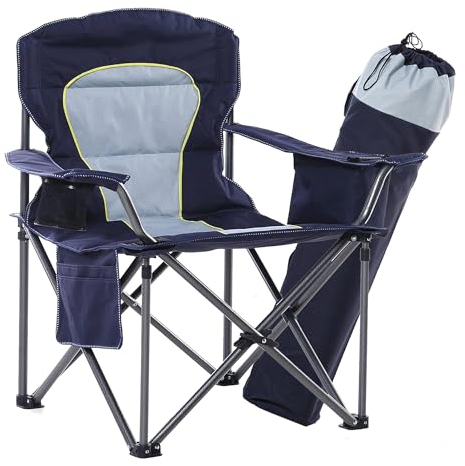 HIGH POINT SPORTS Übergroßer Campingstuhl Faltbar Angelstuhl Tragbar 200KG Belastbar Klappstuhl mit Kühltasche Armlehne Getränkehalter Gepolstert Tragbar Campingsessel(Dunkelblau)