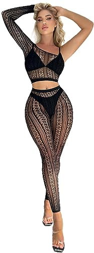 Bommi Fairy Women's Babydoll Fishnet Stretch Bodysuits Lace Tight Hollow Out One Shoulder Lingerie Set Club Outfits Party wear (Black)