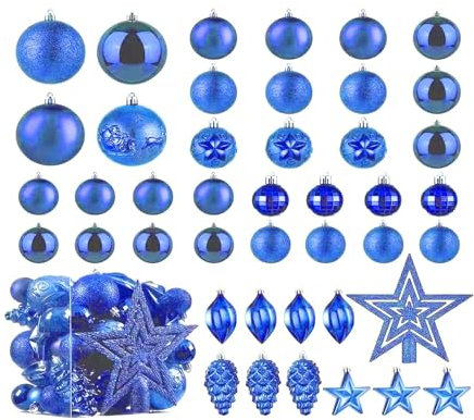 Christmas Ball Baubles Decoration Tree Ornaments including Balls Stars and a Tree topper Shatterproof Xmas Hanging 43 Pieces Set Home Office Outdoor indoor (Blue)