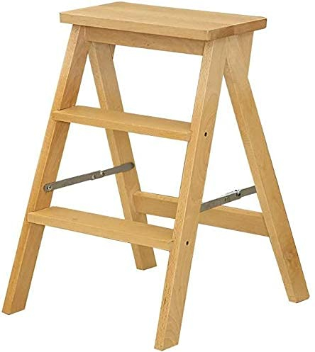 AAMNA Massivholz-Leiterhocker, Heimküche, Kletterhocker, faltbar, 3-stöckig, Holzleiter, Regal, Wohnzimmerhocker, tragbarer Klappstuhl, Leiter (Farbe: Holzfarbe)