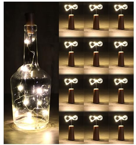 com-four® 12x LED-Flaschen-Licht - Korken-Lichterkette für innen, für leere Wein- und Sektflaschen - Mini-LED-Lichter mit Batteriebetrieb - Stimmungslicht in warm-weiß - Flaschenlichter (012 Stück)