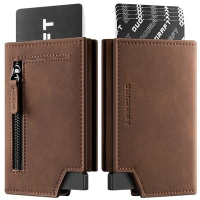 DUGRAFT Portefeuille à deux volets pour homme, fin en cuir avec fermeture éclair, fermeture éclair, magnétique, poche pour pièces de monnaie, blocage RFID, marron, Minimaliste