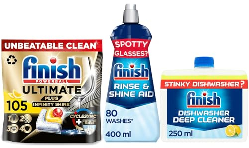Bundle of Finish Ultimate Plus Infinity Shine Dishwasher 105 Tablets Lemon, Bundle 1 x Dishwasher Cleaner Lemon, 1 x Rinse Aid 400ml