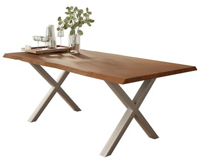 Liadomo Esstisch 220x100 Isa Nuss, Baumkantentisch, Akazie Massivholz Tisch, 26mm Tischplatte Lackiert, Robust & Pflegeleicht, Unikat, X-Gestell Metall Silber