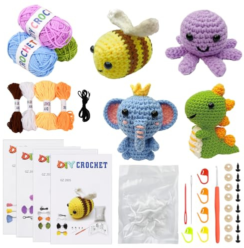 Rapidbok 4 Stück DIY Häkel Set mit Häkeltasche und Anleitung,Komplett Häkelpaket Set,Strickset für Anfänger,mit 4 Verschiedene Tier-Häkelanleitungen(Elephant/Dinosaur/Bee/Octopus),für Anfänger Tiere