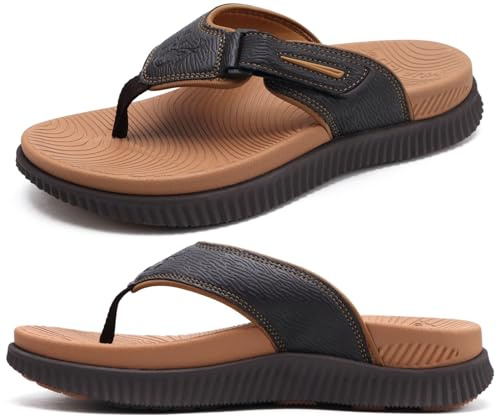 Mens Leather Flip Flops Men's Recovery Walking Sandals Orthotic Thick Athletic Cushion Sport Slider for Man Outdoor Summer Beach Water Sandals with Comfortable Plantar Fasciitis Arch Support,8 Brown