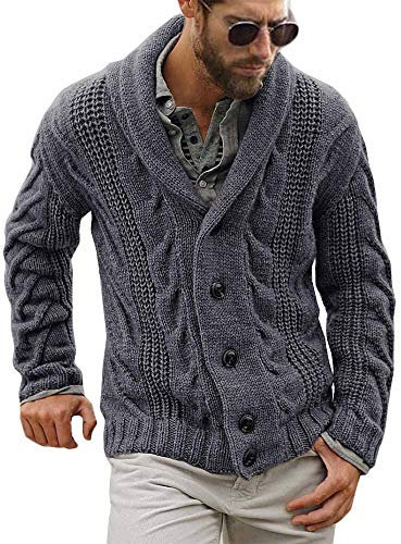 Runcati Mens Cardigan Chunky Knitted Jacket Long Sleeve Cable Knit Cardigan Casual Shawl Collar Buttoned Knitwear Overcoat Winter Outerwear, Grey, XL