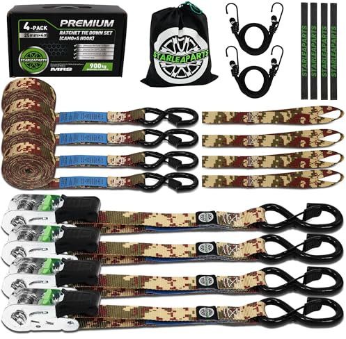 StarLeaparts Spanngurte mit Ratsche 4 Stück, 900KG Bruchfestigkeit - 25mm x 4m Zurrgurte Satz mit 2 Bungee-Seil, Spanngurte mit Haken für Motorrad, Umzugsgeräte und Fracht, Tarnung