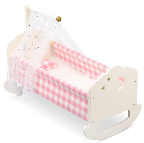 Pithfor Wooden Baby Doll Crib Set, Baby Doll Bed Toys for 18 Inch Dolls, with Bedding and Canopy, Baby Doll Furniture Accessories