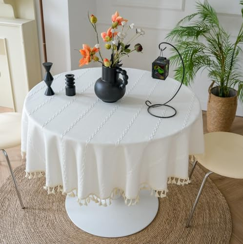 FANIVIN Cotton Linen Tischdecke Tischtuch Tischwäsche Couchtisch Küchen tischabdeckung Tafeltuch Rund Weiß Durchmesser 200cm