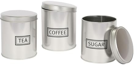 Harbour Housewares 3pc Round Metal Tea Coffee Sugar Canisters Set - Brushed - Kitchen Storage Tin Caddy Container Tea Coffee and Sugar Canister Jars with Lid