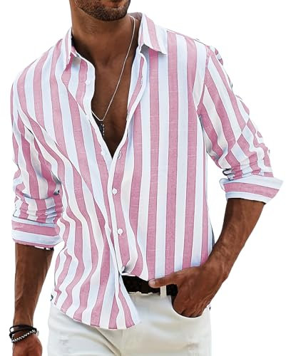 shownicer Chemisier Homme Manches Longues Coton Chemises à Rayures Regular Fit Chemise Leger Décontractée Chemise de Plage Casual Bouton Shirts A Rose XS