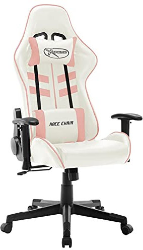 Homgoday Chaise de gaming en cuir synthétique blanc et rose Chaise de gaming professionnelle Chaise de bureau ergonomique Hauteur réglable Chaise gamer pour jeux