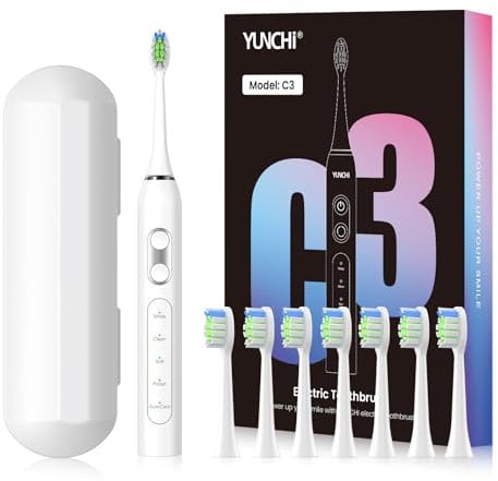 YUNCHI C3 Elektrische Schallzahnbürste für Erwachsene, 8 Bürstenköpfe und Reiseetui, Wiederaufladbare Elektrische Zahnbürste mit 5 Modi und USB Typ-C Aufladung, Mittelweiche Borsten, Weiß