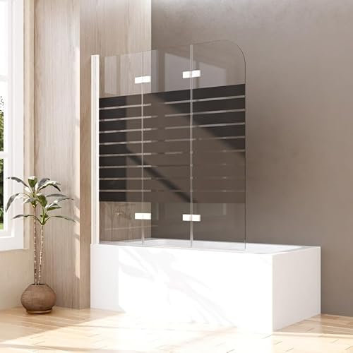 Goezes Duschwand für Badewanne 130x140cm 3-teilig faltbar Weiß Duschtrennwand, 130cm Duschabtrennung Glas mit Schwarz Gestreift, Duschtrennwand Badewannenaufsatz aus 6mm ESG Sicherheitsglas