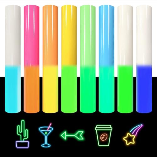 Editbar 8er Set Nachleuchtende Bügelfolie – Hochwertige Plotterfolie für Textilien, Fluoreszierende Folie, Weich und Elastisch Fluoreszierende Vinylfolie, für T-Shirts, Caps, Taschen & mehr(DL01-DL08)