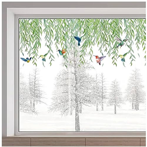 GORGECRAFT 116x38cm Große Fensteraufkleber Aus Korbgeflecht Nicht Klebend Doppelseitig Transparent Statische Fensteraufkleber Grüne Blätter Hängende Ranken Kolibri Fensteraufkleber Für Die Dekoration