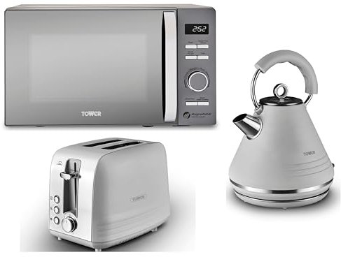 Tower Ash Grey 1.7L 3KW Pyramid Kettle, 2 Slice Toaster & Renaissance 800W 20L Digital Microwave. Contemporary Matching Kettle, Toaster & Microwave Set in Grey