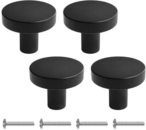 AUTUUCKEE 4 Pcs Black Aluminum Round Cabinet Door Knobs with Screws for Cabinet Cupboard Wardrobe Drawer Bedroom Bathroom Racks Furniture (25mm)