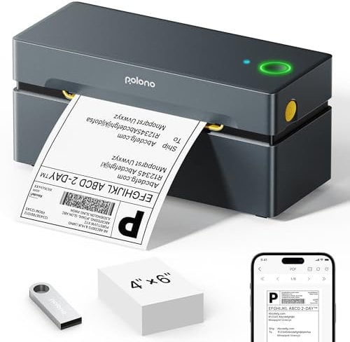 POLONO Bluetooth Etikettendrucker, Etikettiergerät 4x6 DHL labeldrucker, Ettikettendrucķer Label Printer für iOS, Android, Windows und Mac, Kompatibel mit Amazon, Ebay, Shopify, Etsy, USPS (Grau)