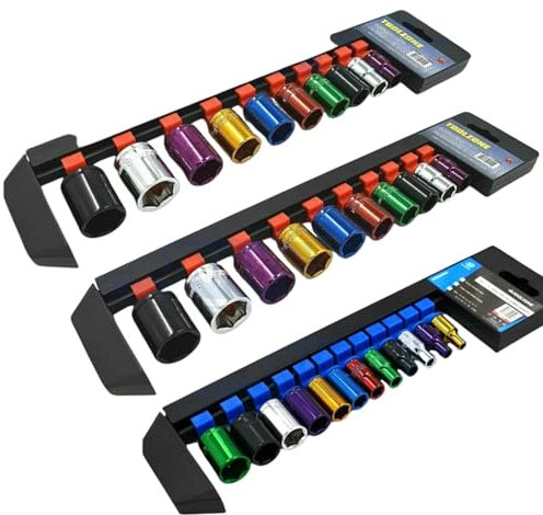 Dunnet Tools Standard Socket Sets 1/4 3/8 1/2 32pc Coloured Socket Sets 1/4 3/8 1/2 Inch Heavy Duty Sockets On Storage Rail Metric 4-24mm Tool Set Plumbing Electrician Mechanic Tools