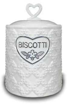 ARCA, Biscottiera Ermetica in Ceramica Lavorata, Barattolo Porta Biscotti con Pomello Ergonomico, Lavabile in Lavastoviglie, 17x18 cm, Fantasia Vintage, Colore Bianco