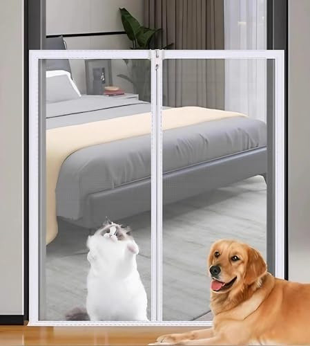 Hundeschutzgitter mit Reißverschluss & Selbstklebend, Katzennetz Tür mit Anti-Katzenkratzen, Treppenschutznetz für Wohnzimmer/Schlafzimmer, Kindersicherung Treppe ohne Bohren(White mesh white frame,85