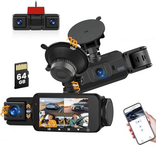 Roinvou 4 Kanal Dashcam Auto Front 2K/1080P mit WiFi & Dash Cam Car 64GB-Karte,Super Nachtsicht, G-Sensor, Loop-Aufnahme, Car Camera APP-Steuerung, 3'' IPS-Bildschirm, Parküberwachung, Loop-Aufnahm
