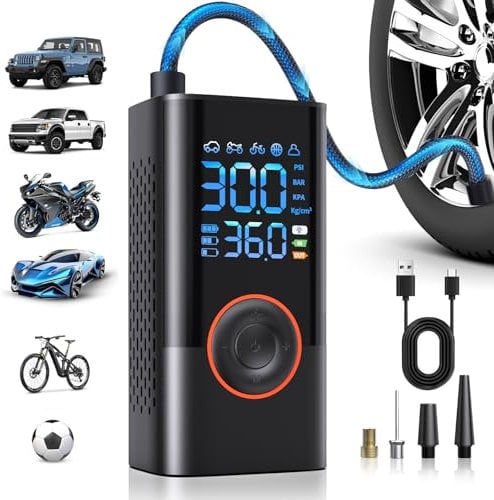 Fshyos Tyre Inflator Air Compressor, Portable Cordless Tyre Pump with Digital Pressure Gauge 150PSI, Electric Car Air Pump Auto Shutoff with LED Light for Car Motorcycle Bicycle
