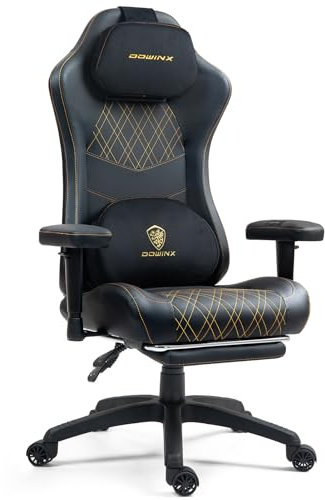Dowinx Gaming Stuhl mit Massage und Heizung, Ergonomischer Computerstuhl mit Taschenfederkissen, Lendenstütze und Verstellbarer Fußstütze, Schwarz Gold