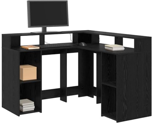 vidaXL Schreibtisch mit Regal Schwarz Eichen-Optik 130 x 130 x 91 cm, Moderner L-förmiger Schreibtisch, platzsparende Arbeitsstation mit USB-Ports, ergonomisches Design und verstellbares Licht