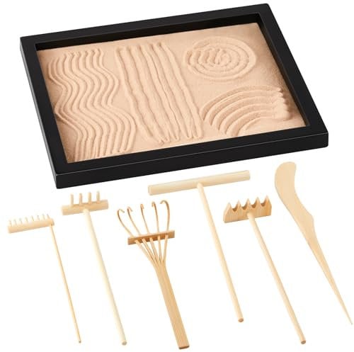 Soulchen 8 Pcs Mini Zen Garden Kit for Desk Decor DIY Your Own Zen Garden 8.5 x 6.7 Japanese Sand Tray 6 Rake Tools Meditation Gifts Set for Home Office Desktop Accessories Therapy Stress Relief