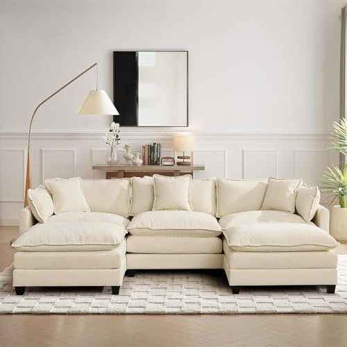 SoarTalent 289cm L-Form 3-Sitzer Sektionalsofa mit 2 Ottomanen, Beige | Chenille-Bezug im Wolken-Couch-Stil, tiefer Sitz mit Kissen, wandelbar, Sitzhöhe 54cm für Wohnzimmer, Wohnung, Büro.