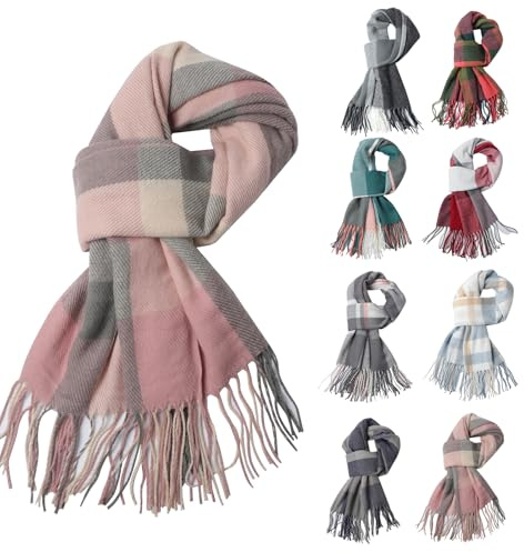 Fjquamitix Women Tartan Cashmere Scrarf, Ladies Scarves Wraps Winter Long Soft Warm Tassel Shawls Stole Gifts for Women (Pink + White)