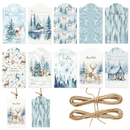 60PCS Winter Papier Geschenkanhänger Let it Snow Blaue Weihnachten Rentier | 60PCS Winter Papier Geschenkanhänger Let it Snow Blaue Weihnachten Rentier Aquarell hängende Etiketten mit String Seil für