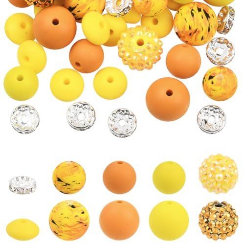 SOFPLATE 1 Box 64Pcs Thanksgiving Beads Silicone Bead Kit Holiday Orange Yellow Festival Mixed Shape Abacus Bracelet Ball Rhinestone Spacers for Jewellery Making DIY Craft Keychain Pen Charms Supplies