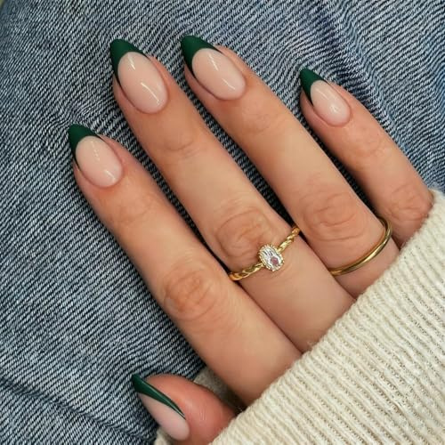 KQueenest 30 Pcs Dark Green French Tip False Nails Short Medium Almond, French Tip False Nails Short Stiletto, Custom Thick Acrylic Fake Nails Set Natural Nude Gel Stick on Nail for Women Daily Wear