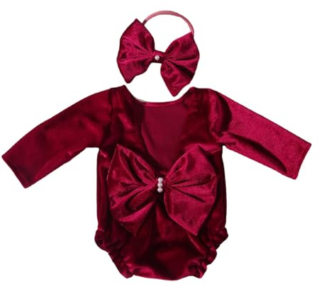 XAGMODSHN Newborn Christmas Photography Outfit Pleuche Romper With Headband Infant Holiday Photoshoot Costume Set For Baby Girls Newborn Photography Props