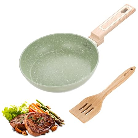 Family Sartén de Aluminio Antiadherente 24 cm con Motas + Espátula de Bambú (30,5 x 6,5 cm), Base Reforzada y Revestimiento Resistente, Apta para Inducción, Fácil de Limpiar, Verde Oliva