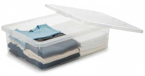 ALEEZ - 1 Pack 32L Underbed Storage Box With Lid, Nestable Stackable Plastic Clothes Organizer, Clear Plastic Boxes For Shoes, Beddings, Easy Fit Transparent Container Box, 32 Litre - Pack Of 1