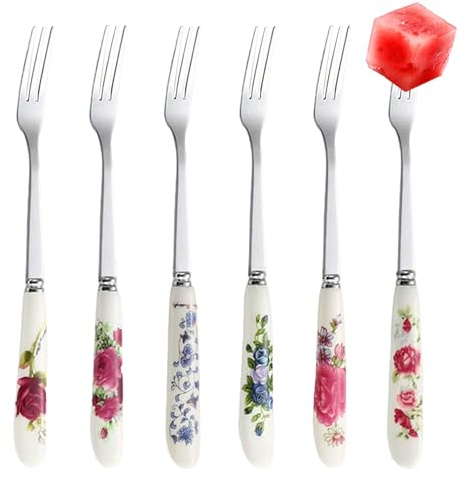 Fruit Forks, 6Pcs Stainless Steel Dessert Fork with Ceramic Handles - Multi-Design Small Fork for Cakes, Fruits, and Snacks - Compact and Easy to Clean