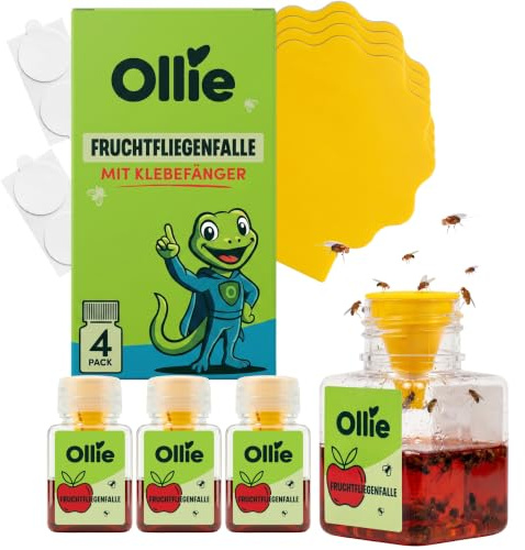 Ollie Fruchtfliegenfalle inkl. Klebefänger, 4er Set - Laborgeprüfte Obstfliegenfalle, Wirksam bis 4 Wochen, Fruchtfliegenfalle für Küche & Haushalt, Fruchtfliegen & Obstfliegen bekämpfen