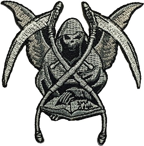 Papapatch Aufnäher zum Aufnähen oder Aufbügeln, Motiv: Sensenmann, Gott des Todes, böses Buch, Sense, Motorrad, Biker, Kostüm, bestickt (Iron-Grim-Book)