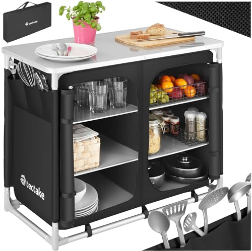 TecTake® Meuble de Rangement Cuisine de Camping Luxueuse Pliable en Aluminium, avec 6 Étagères, Plan de Travail, Pieds réglables, Sac de Transport Inclus, Stockage pour Vaisselle, Accessoires Cuisine