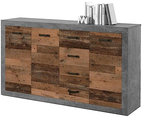 Home4You Kommode mit 3 Türen und 4 Schubladen - Beton Oxid - Old Wood - 152 cm breit - Sideboard Mehrzweckschrank