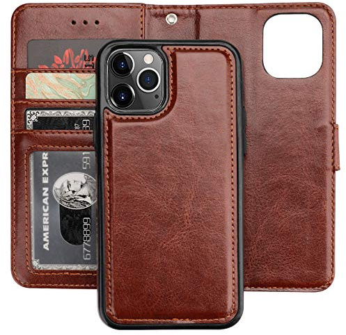 Bocasal Detachable Wallet Case Card Holder for iPhone 11 Pro, Brown | Kickstand Card Slots Holder PU Leather Magnetic Shockproof Wrist Strap Removable Flip Protective Cover 5.8 inch